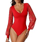 Avidlove Womens Long Sleeve Bodysuit Double Lined V Neck Lace Puff Sleeves Going Out Top Shirts Thong Leotard Body Suit