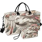 Wolf Travel Duffle Bag Gym Bag, Flower Dreamcatcher Wolf Weekender Bags for Women with Toiletry Bag Travel Tote Bag Swim Bag