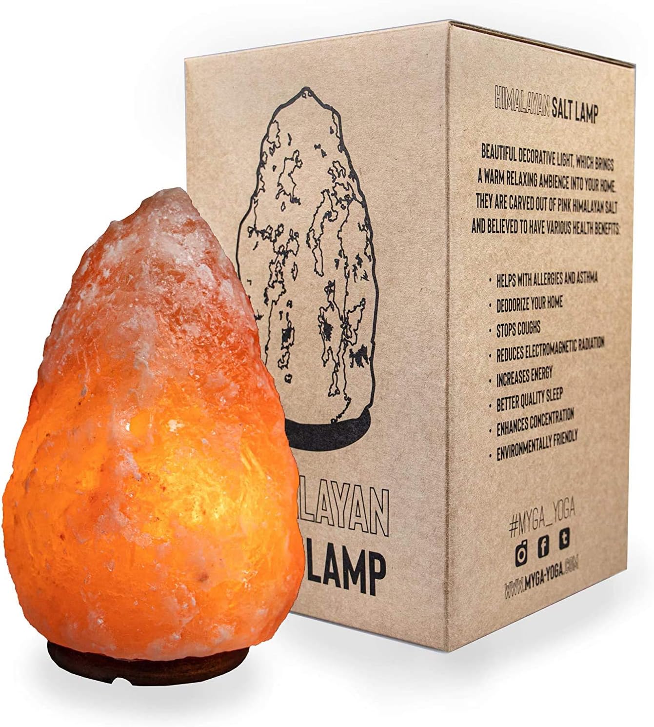 Myga 1-2KG Himalayan Natural Salt Lamp - Handcrafted Crystal Rock Salt Lamp on Wooden Base - Healing Himalayan Salt Lamp with Dimmer Switch and British Standards CE Certified Plug with a 15W Bulb