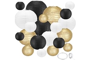 GAILROSO 21Pcs Black and Gold Party Decorations,4"6"8"10"12" Hanging Round Paper Lanterns Decorative with Tape and String for Graduation Wedding Birthday Party Decorations(Black White Gold 21pack)