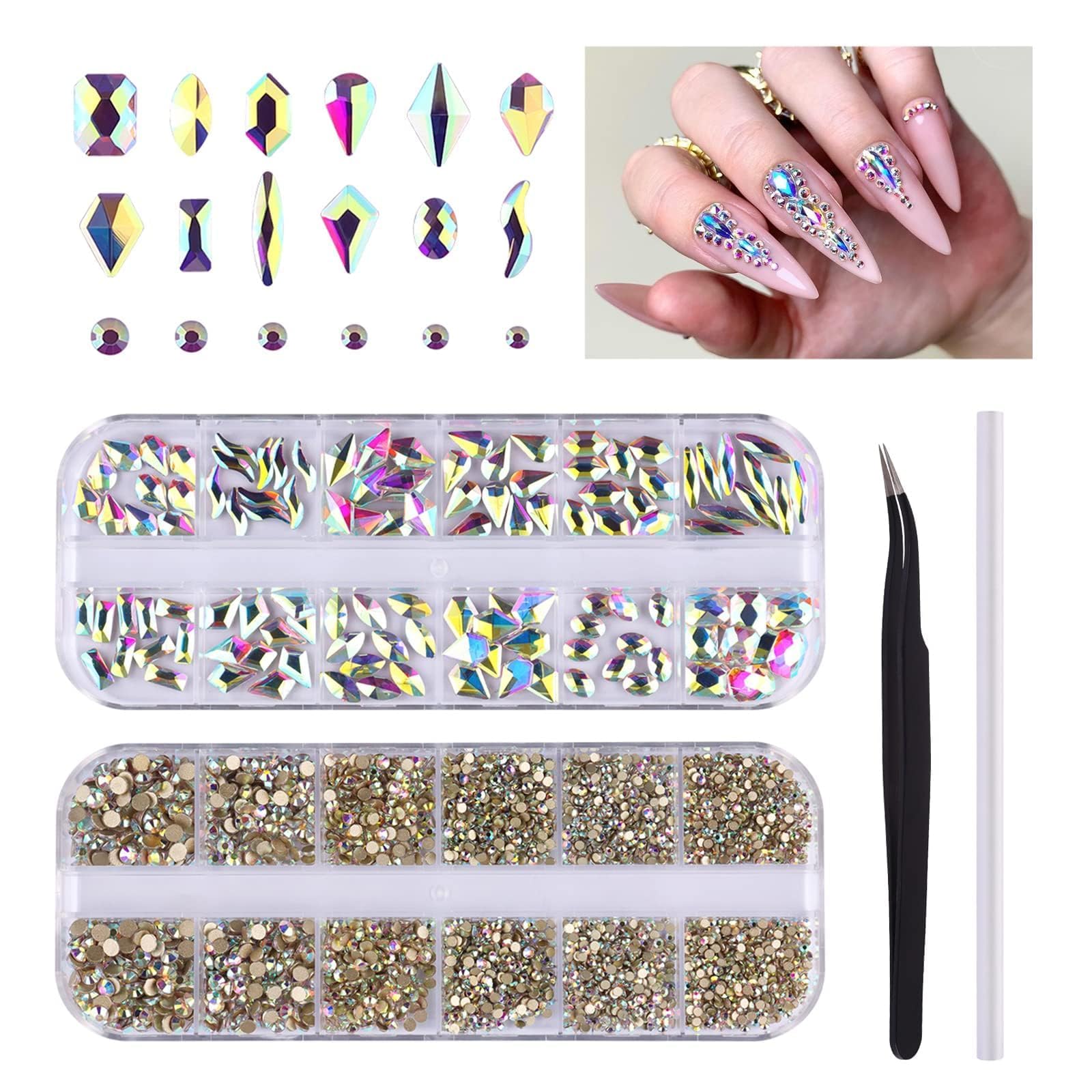 3120 Pcs AB Nail Art Rhinestone Kit EBANKU Shiny Nail Stones Gems Flatback Nail Crystal Beads for Nail DIY Crafts
