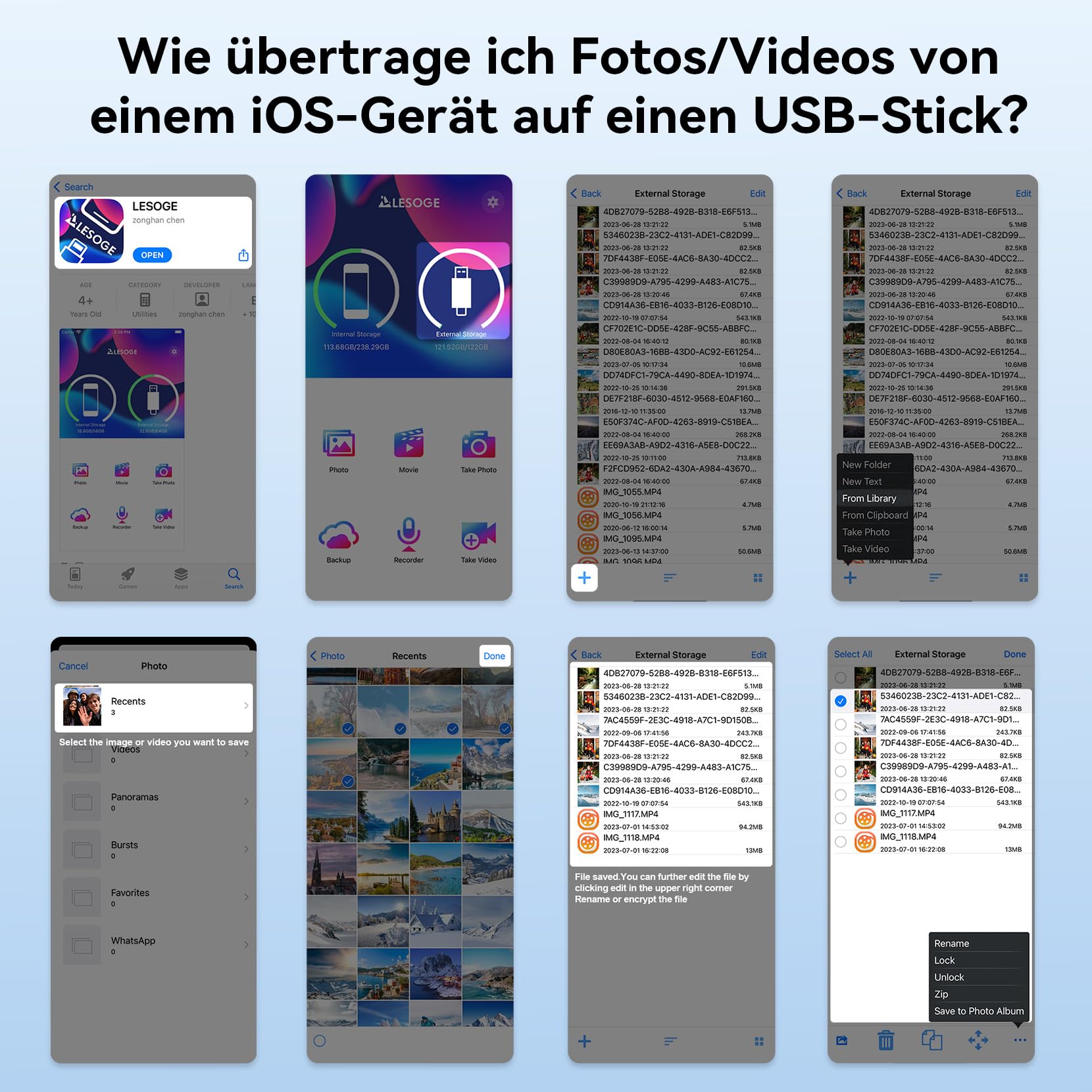 LESOGE MFi-Zertifizierter USB C Stick 128 GB,Mini USB Stick Handy Fotos Speichern,3 in 1 USB C und 3.0 Stick,Externer Speicher für Fotos und Videos,Photo Stick für iPhone/iPad/Android/PC/Mac (Silber) 8