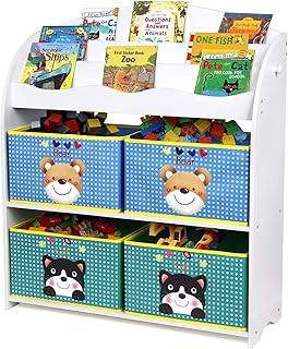 Homfa Kinder Aufbewahrungsregal Bücherregal Kinderregal Spielzeugaufbewahrungregal Spielzeugkiste Kinderkommode mit 4 Faltbarer schubladen, Motiv(Bär und Katze)