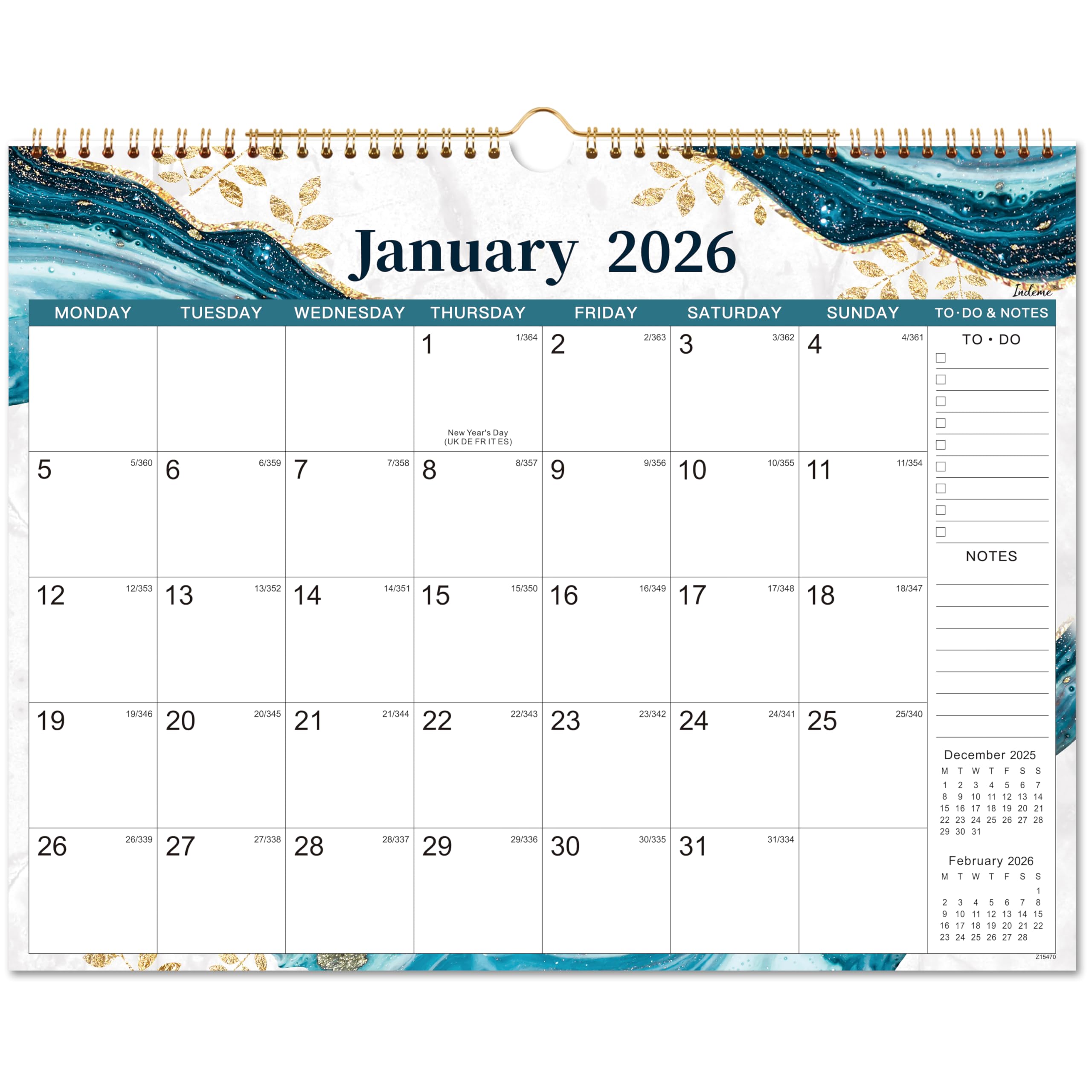 2026 Calendar - Wall Calendar 2026 from January 2026 to December 2026, Month to View Calendar, Twin-Wire Binding, Hanging Hook - Blue and Green, 37.6 x 29 cm โ image 1