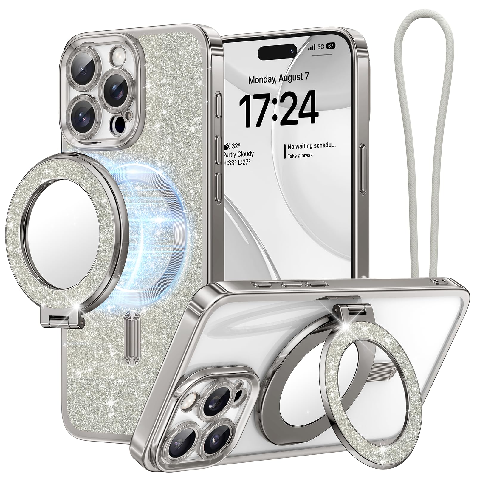 Photo 1 of Meifigno Magnetic Case with Removable Phone Ring Stand for iPhone 16 Pro, [Glitter Card & Wrist Strap] [MagSafe Compatible] [Built in Mirror] Magnetic Phone Ring Holder + 16 Pro Case Kit, Silver