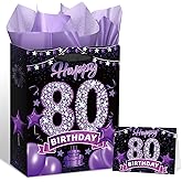 RUMIA Black Purple Happy 80th Birthday Gift Bag with Greeting Card and Tissue Paper for Women Purple 80th Birthday Wrapping Bag with Handles for 80 Years Old Anniversary Party Decorations Supplies