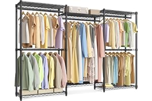 SONGMICS Heavy-Duty Clothes Rack, Garment Rack, Portable Closet, 86.4-Inch Wide Clothing Rack with Adjustable Mesh Shelves and Hanging Rails, Ink Black ULGR434B01