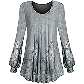 AxByCzD Womens Trendy Dressy Casual Fall Clothes Puff Sleeve Scoop Neck Floral Blouse Tops