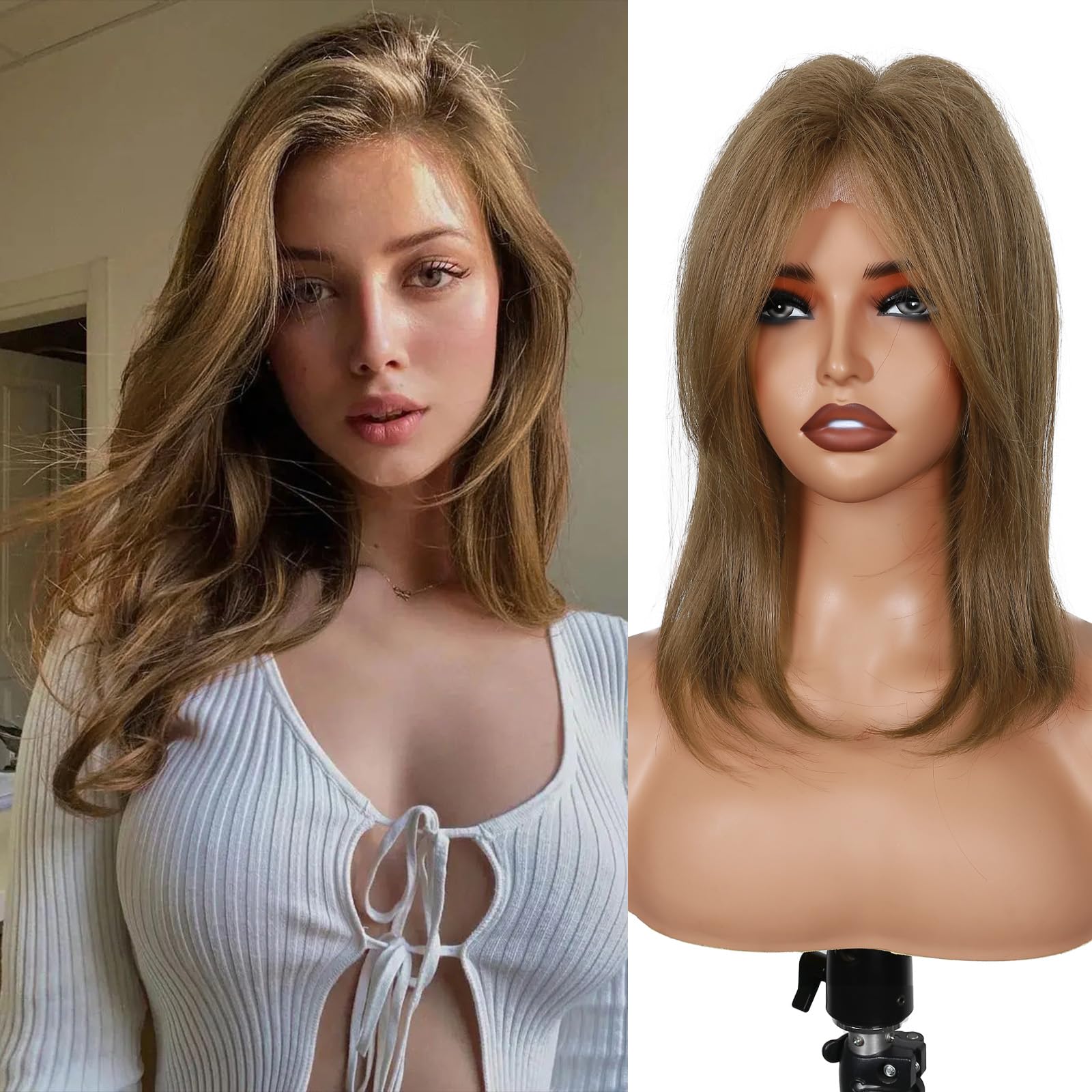 Photo 1 of FAVE Full Lace Hair Toppers 14Inch Futura Layered Natural Hair Pieces Clip in Toppers Hair Topper with Bangs for Daily Use Toppers Light Brown Hair Pieces for Women