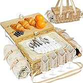 HYBDAMAI Picnic Basket for 4 with Folding Table, Large Wicker Picnic Basket Set with Waterproof Blanket and Wine Pouch, Insulated Willow Hamper with Cutlery Kit for Camping, Couples, Wedding Gift