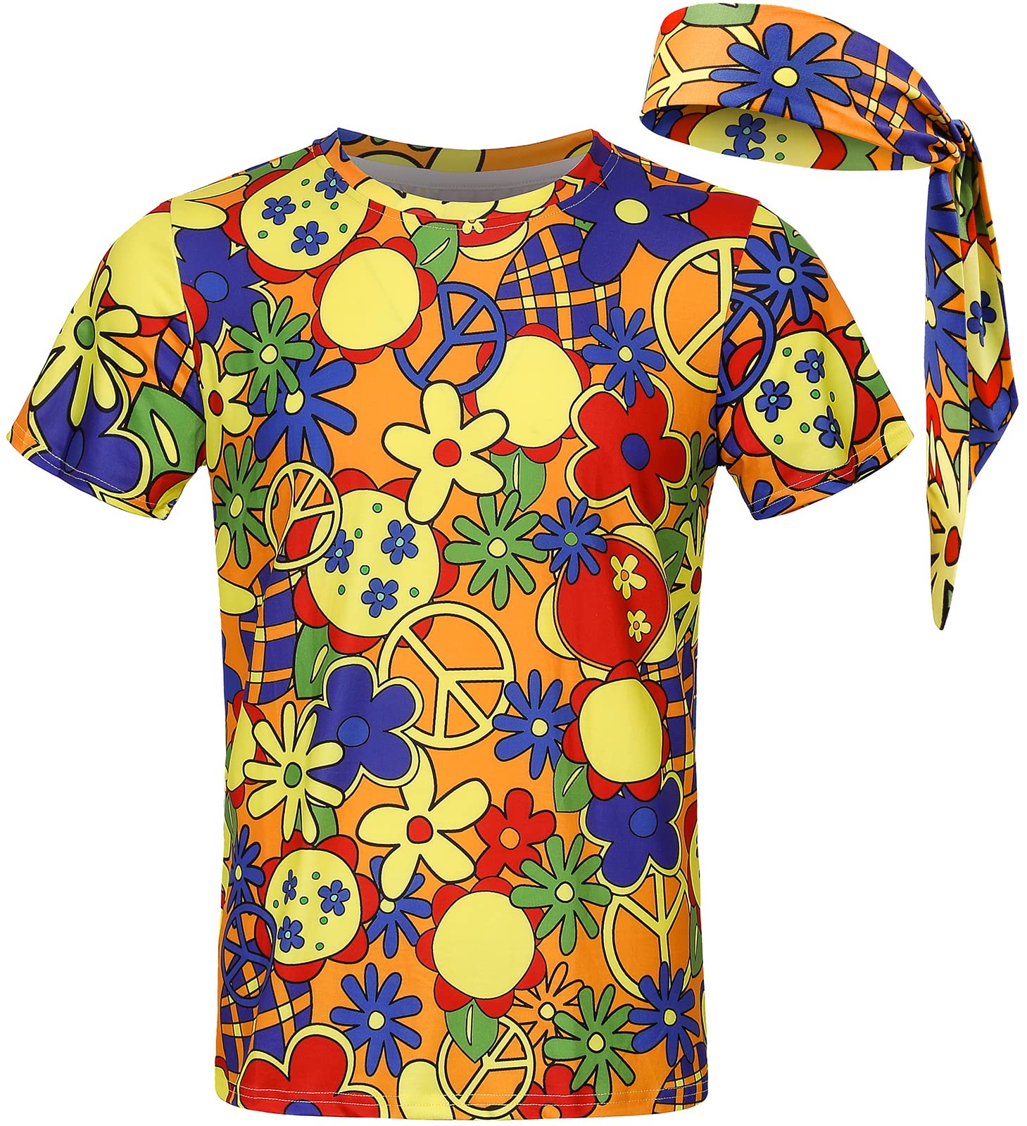 COSAVOROCK Men's 60s 70s Hippie Costumes Hippy Fancy Dress Floral T-Shirts with Headbands XXL