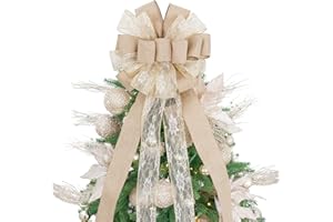 TBD DECOR Christmas Tree Topper,Christmas Ornament with Glitter Satin Mesh Streamer,for Your Christmas Decor (Circle Tree Topper, Beige)