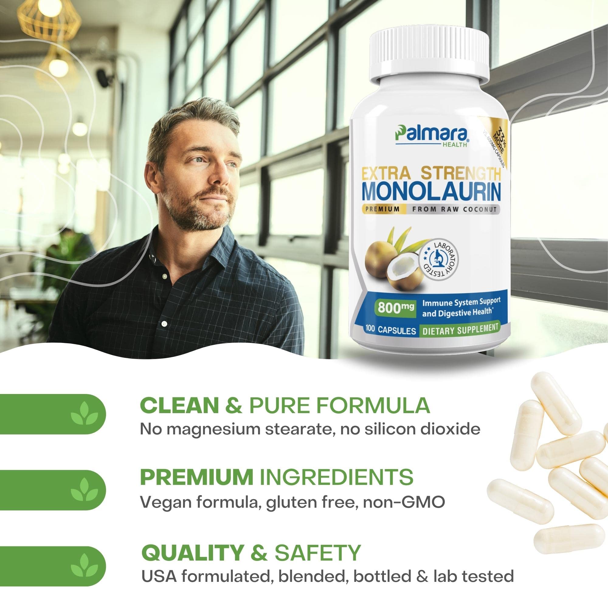 Palmara Health Extra Strength Monolaurin 1,600mg per Serving, 800mg per Capsule