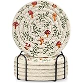 Kokaaee Cup Coasters for Drinks Absorbent - for Coffee Wooden Table Office Cute Farmhouse Outdoor Rustic Desk Kawaii Woven Women Kids Soft Cloth Braided Fabric Mushroom Coaster Set of 6 with Holder