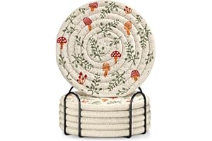 Kokaaee Cup Coasters for Drinks Absorbent - for Coffee Wooden Table Office Cute Farmhouse Outdoor Rustic Desk Kawaii Woven Women Kids Soft Cloth Braided Fabric Mushroom Coaster Set of 6 with Holder