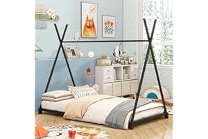 BELLEMAVE Twin Size House Beds, Metal Floor Bed Frame, Triangle Structure, Kids Teepee Bed for Boys Girls Teens, Black