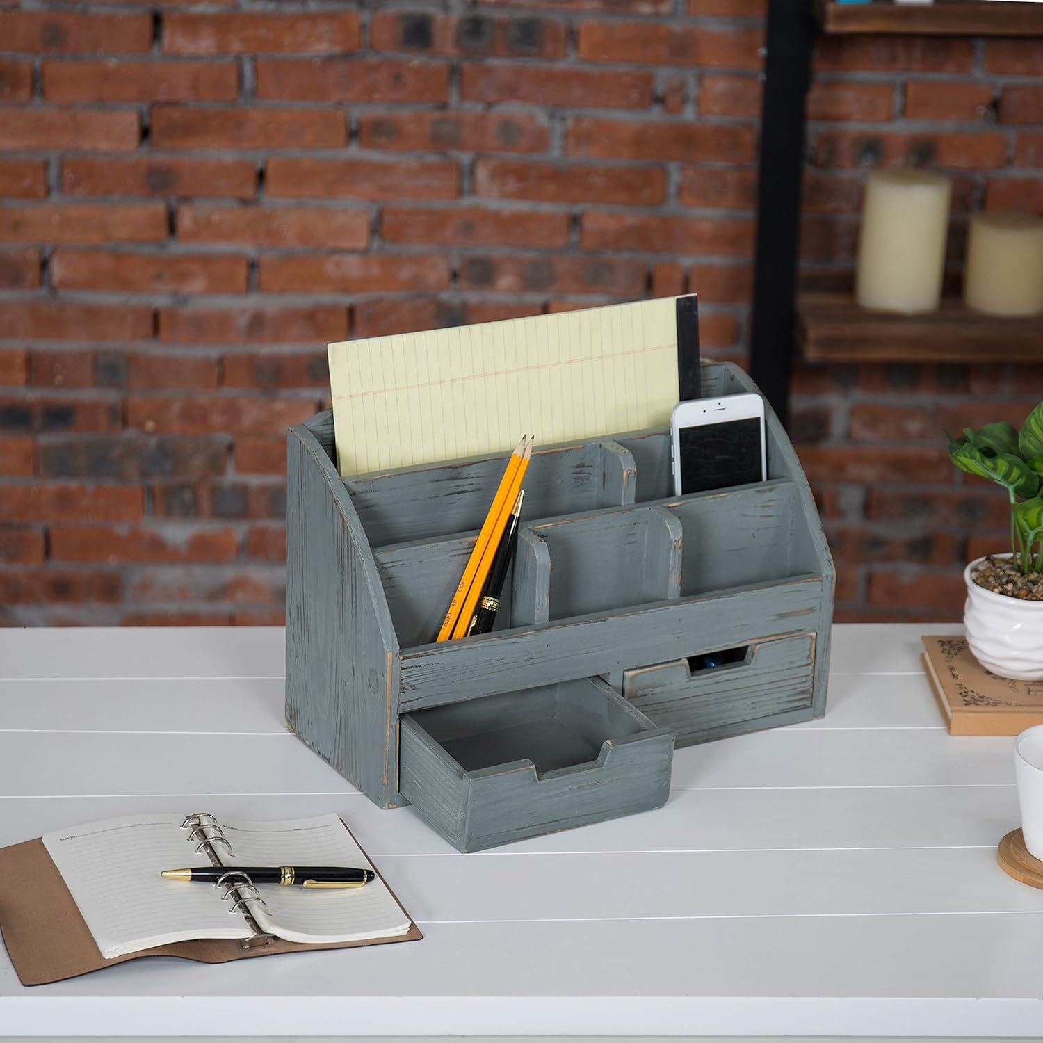 MyGift 6-Compartment Distressed Dark Grey Wood Desk Organizer with 2 Drawers : Office Products