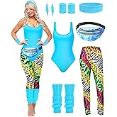 7 Pcs 80s Workout Costume 80s Accessories Set 90s Leotard Legging Headband Wristbands Leg Warmers Earrings Fanny Pack