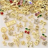OPMADM 100Pcs Gold Nail Charms and Gems Charms for Nails Design Gold Charms for Nails Metal Bow Cherry Butterfly Cross Heart Star and Flowers