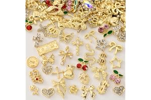OPMADM 100Pcs Gold Nail Charms and Gems Charms for Nails Design Gold Charms for Nails Metal Bow Cherry Butterfly Cross Heart Star and Flowers