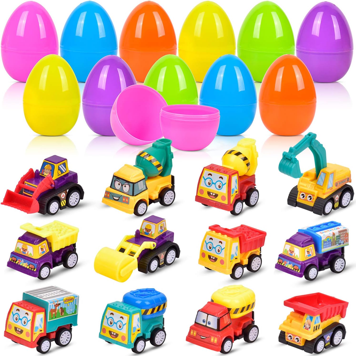 Easter Eggs Toys, 12 Pieces Egg Toys Filled with Pull Back Car Toys for Surprised Eggs, Filling Treats and Kids Party Favors, Prizes