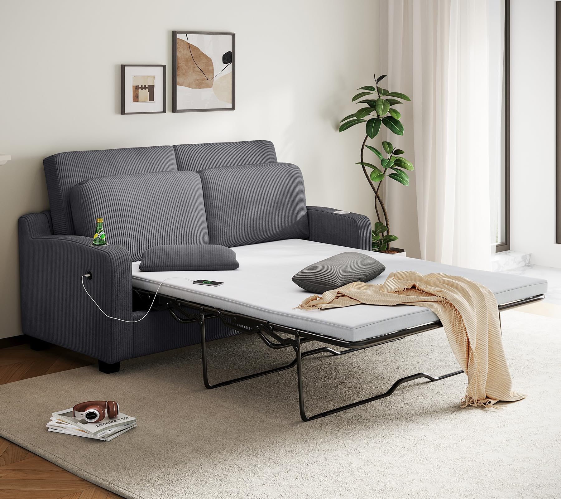 Photo 1 of LINSY HOME Pull Out Sofa Bed - Convertible Loveseat Sleeper Sofa, Upgraded Bed Frame Pullout Couch - USB Charging & Cup Holders, Corduroy Sofa Bed for Living Room Small Space, Queen Size (Grey)