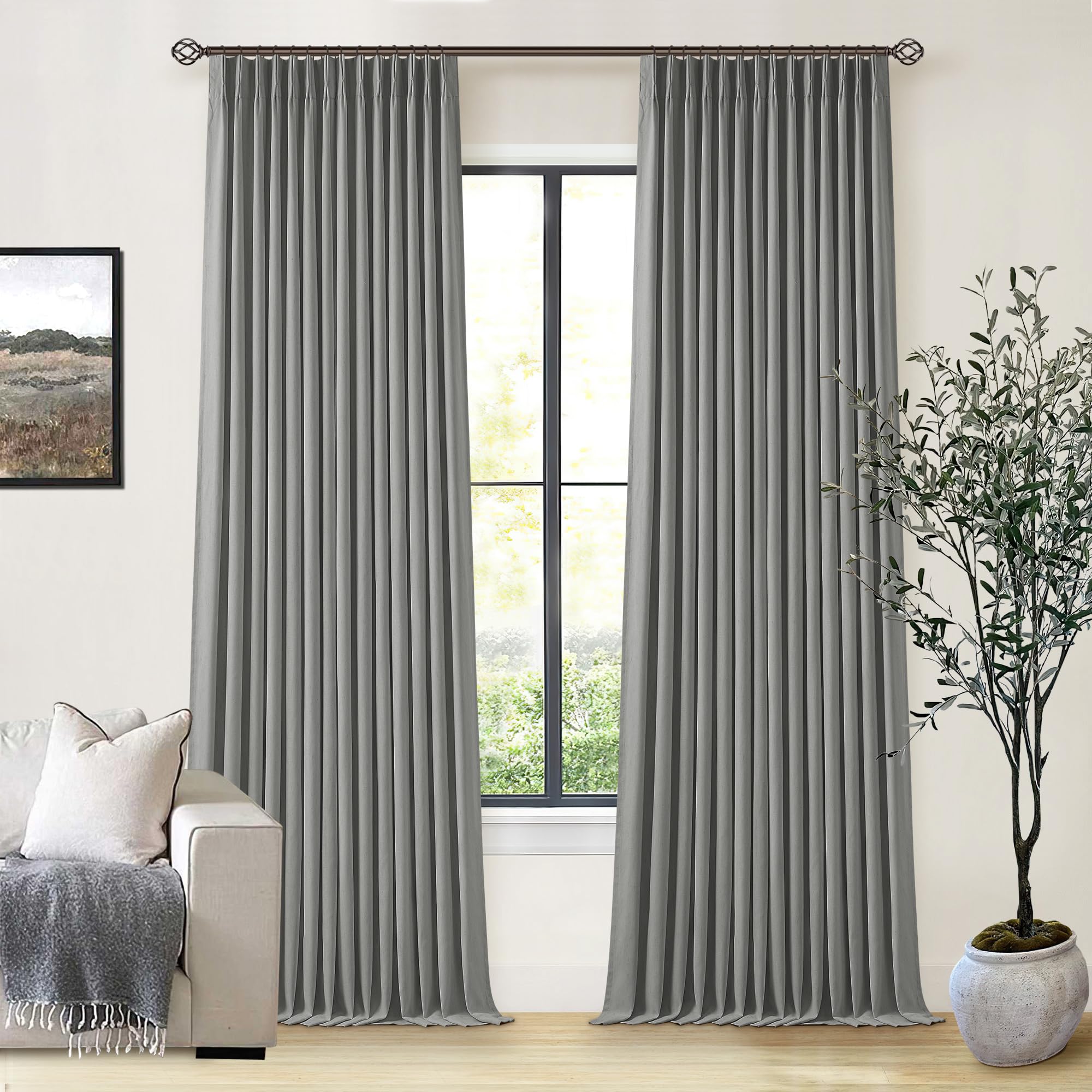 Photo 1 of 108 Inches Long Pinch Pleated Curtains Blackout for Bedroom Linen Pinch Pleat Curtains Rings Hooks Thermal Insulated Light Blocking Window Drapes Living Room Track 2 Panels Charcoal Stone Grey Gray
