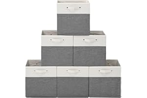 FINISHINGBO 13 x 13 Inch Fine Linen Storage Bins with Handles，Fabric Cube Boxs，Collapsible Basket Organizers for Shelves for Home, Closet Drawers (White/Gray-6 Pack)