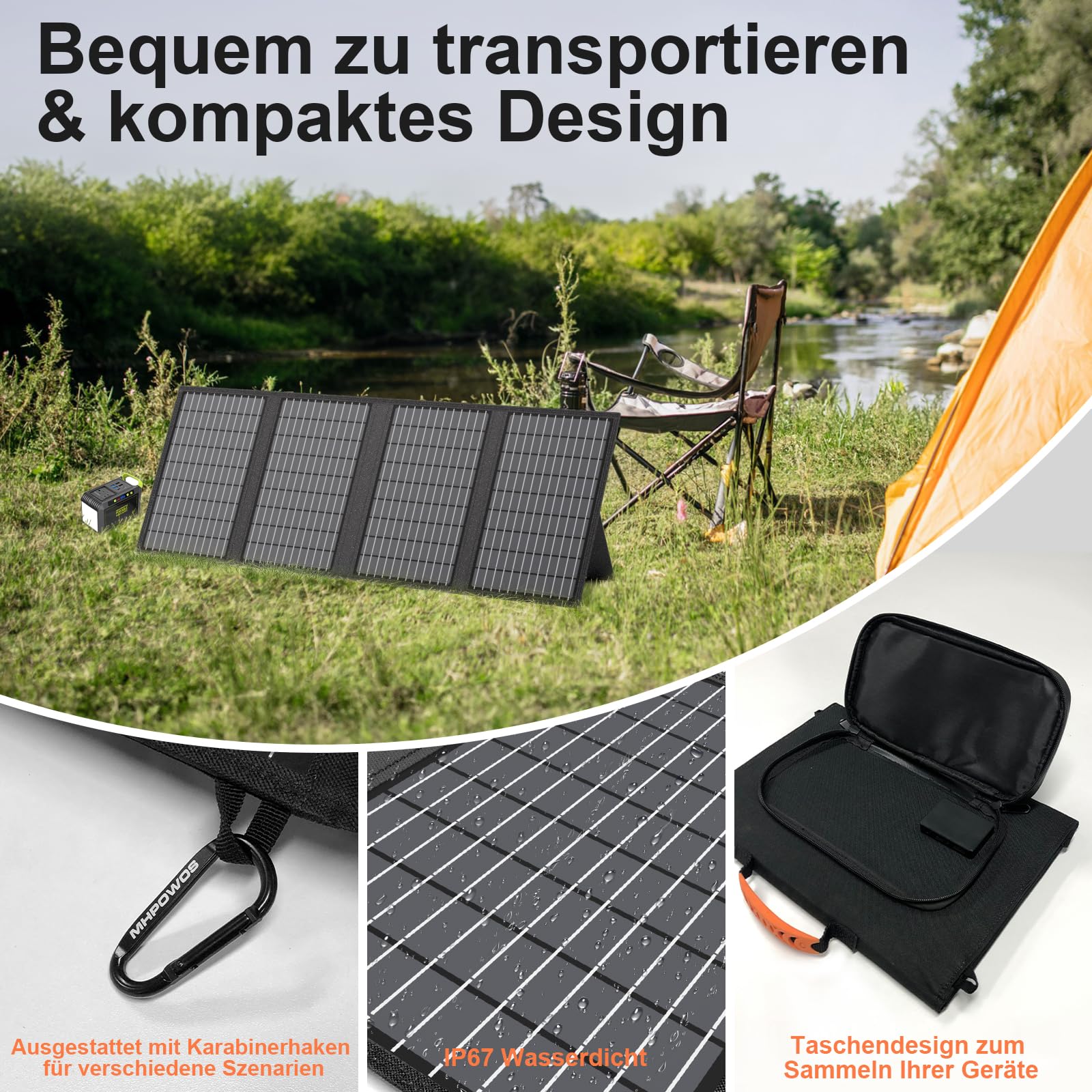 MHPOWOS 60W Tragbares Solarladegerät mit Ständer, Faltbares Solarpanel mit USB-C, USB-A und DC-Ausgängen, für Camping, Wandern, Notstromversorgung für Kleine Stromgeneratoren, Telefone, Powerbanks 5