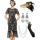 SWEETV Great Gatsby Lace Neck Flapper Dress - 1920s Dress for Women With Sleeve - Roaring 20s Costume