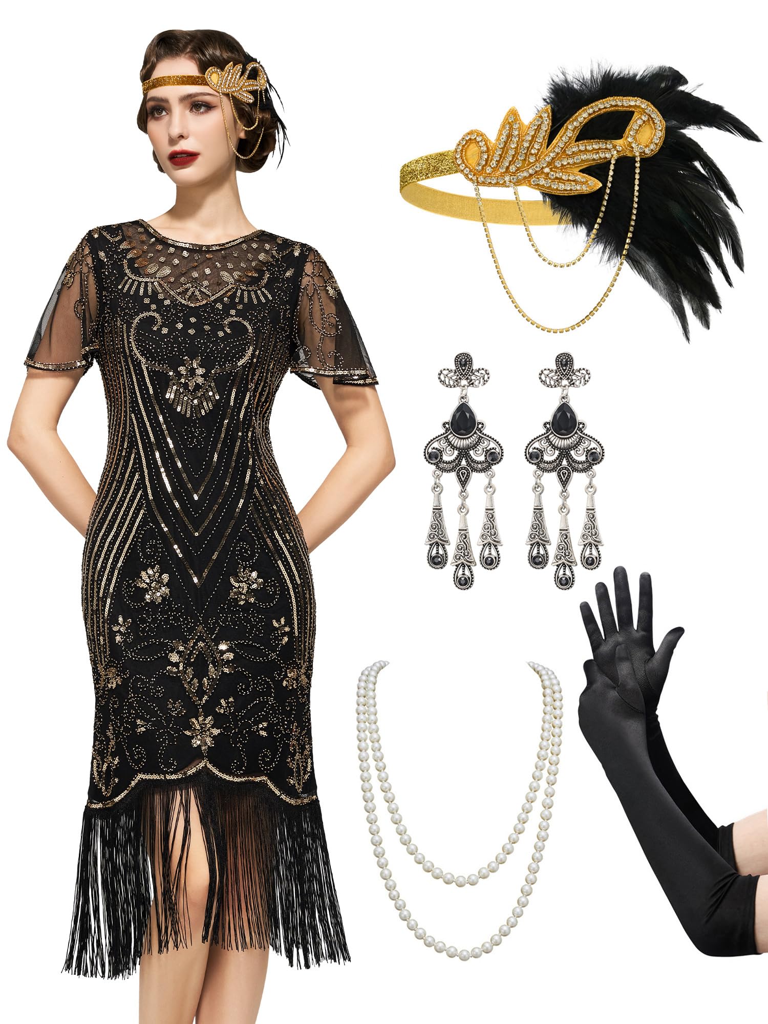 Photo 1 of SWEETV Great Gatsby Dresses for Women,Lace Neck Flapper Dresses 1920s Dresses For Women Roaring 20s Dresses With Sleeve For Harlem Nights-Flapper Costumes,Large,Black-Gold