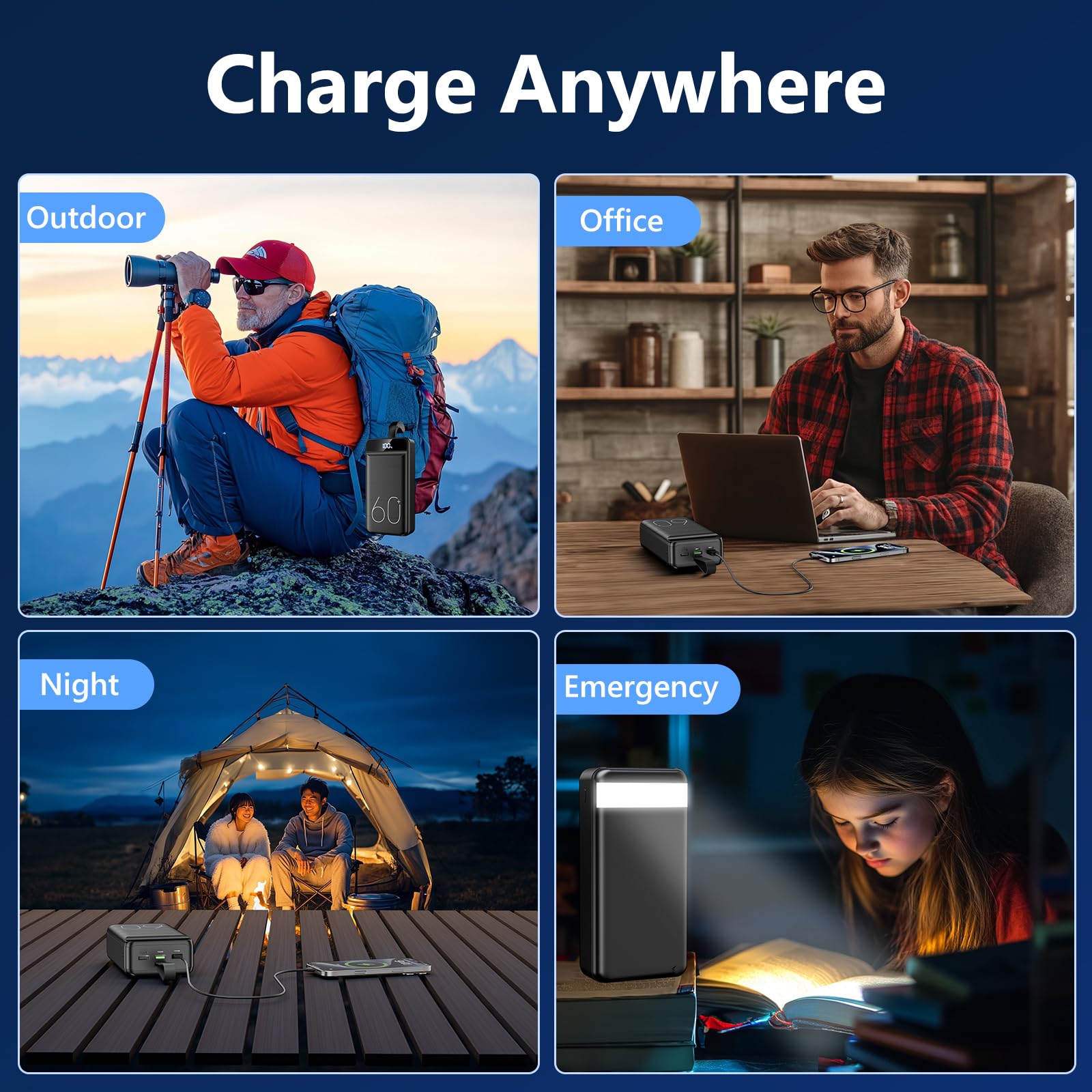 Power Bank 60000mAh 22.5W Fast Charging Portable Charger with Flashlight, 4 Outputs & 3 Inputs LED Display Huge Capacity External Battery Pack for Most Electronic Devices on The Market