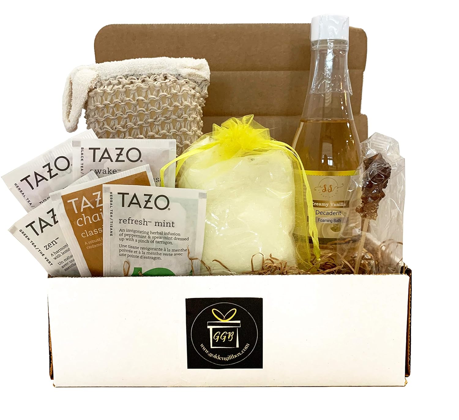 Golden Gift Box- 9 Pieces Luxury Spa Gift Baskets for Women -Vanilla, Lavender or Eucalyptus Spearmint- Classic Collection- Bubble Bath, Teas, More (Creamy Vanilla)