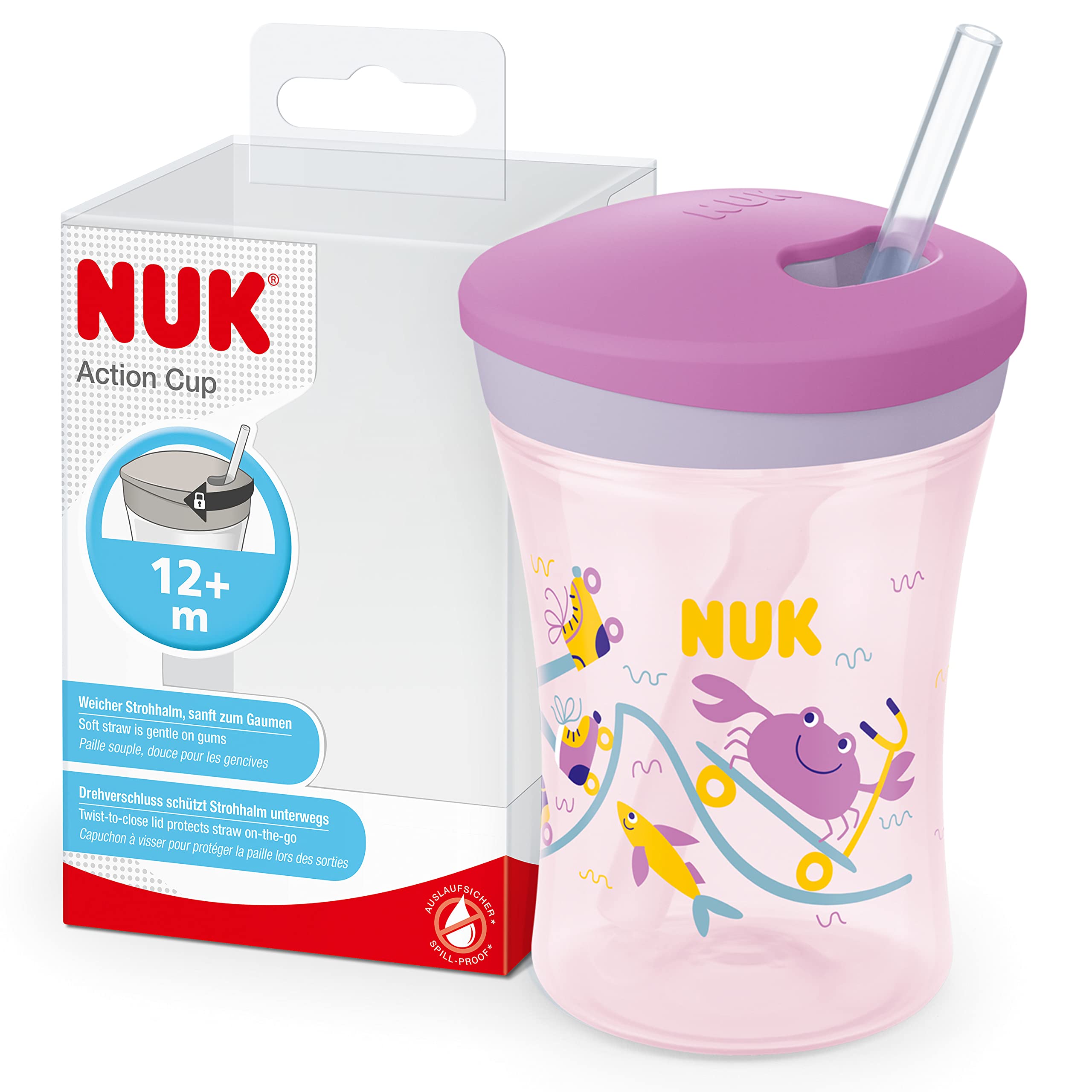 NUK Action Cup Toddler Cup | 12+ Months | Twist Close Soft Drinking Straw | Leak-Proof | BPA-Free | 230ml | Purple Crab