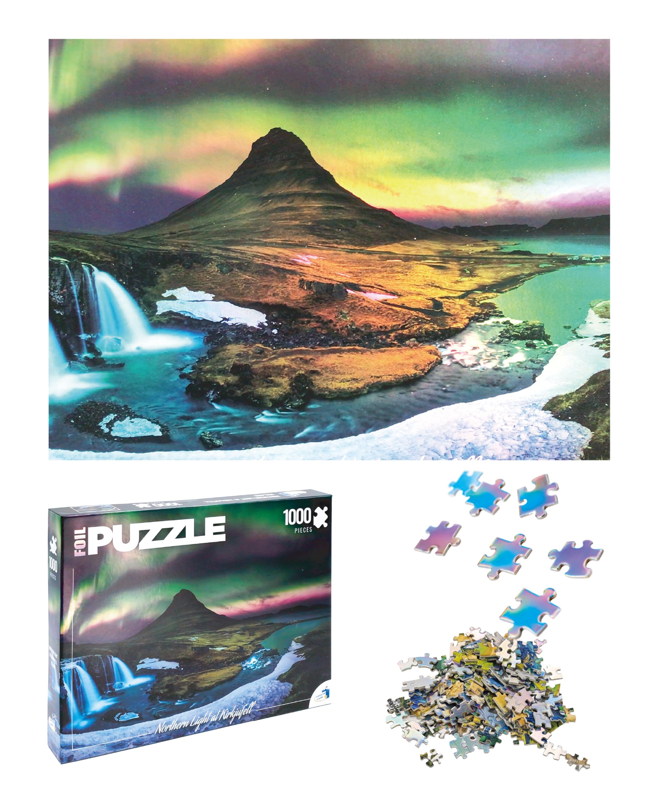 Universal Castle Metallic Foil 1000 Pieces Jigsaw Puzzle for Adults Landscape Famous Landmark Photo Challenging Puzzle (Northern Light ata Kirkjufell, Iceland)