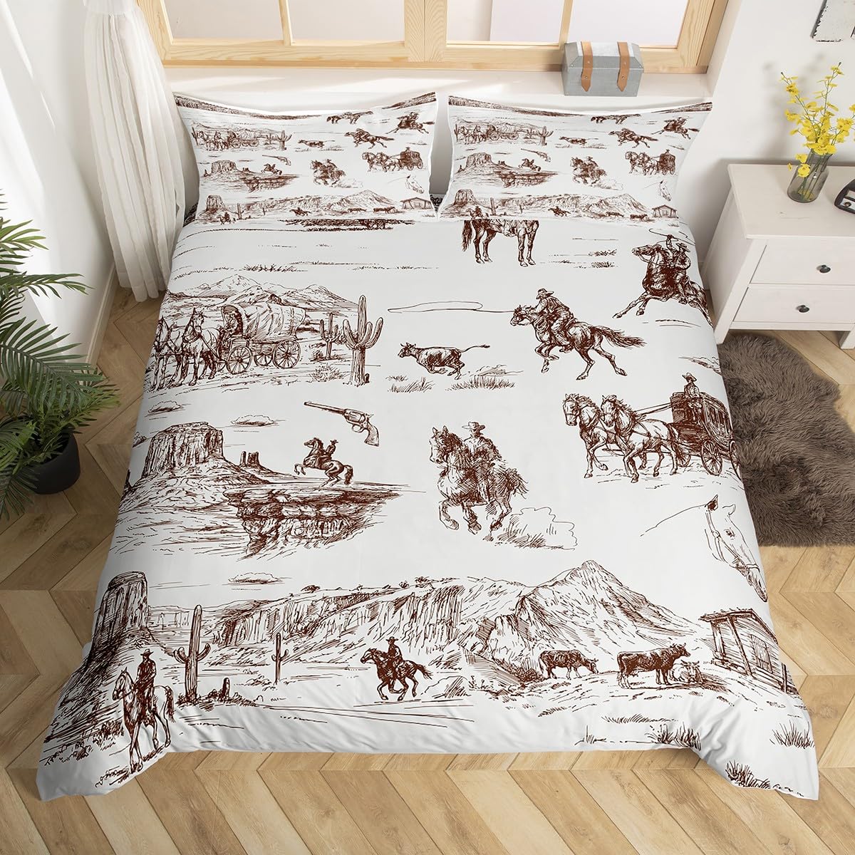 Homemissing Western Bedding Set White and Black Cowboy Cow Duvet Cover Cowboy Comforter Cover Desert Cactus Bedspread Cover Bed Set With 1 Pillow Case Single
