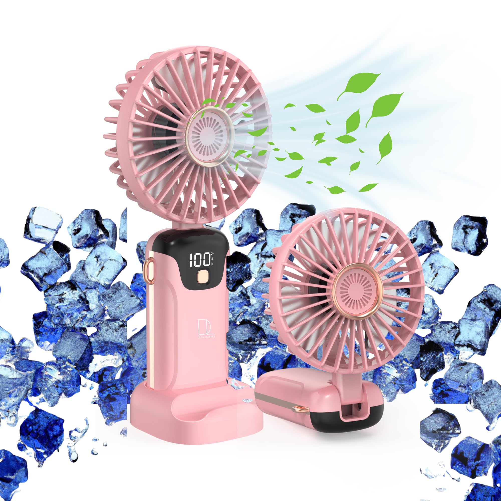 Digilams Handheld Fan | Portable, 5 Speeds, Digital Display USB Fan | Hand Held Fans Rechargeable | Mini, Desk Fan Ideal for Home, Office, Outdoor and Travel (Pink)