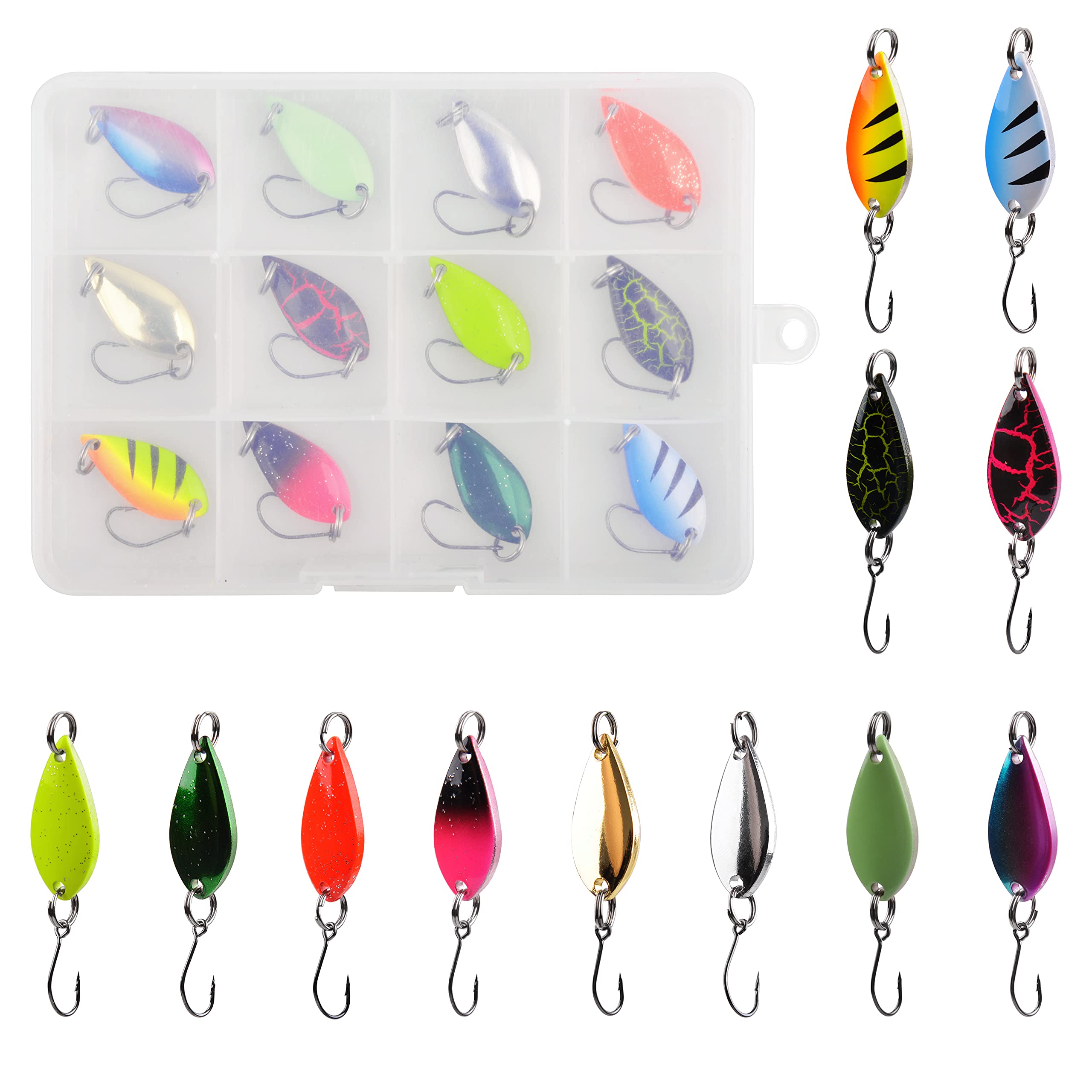 Trout Fishing Spoons Lure Kits-12pcs/set Fishing Spinners Kit Hard Metal Baits Single Hook with Plastic Box for Trout, Char Pike and Perch Fishing Accessories (SET C)