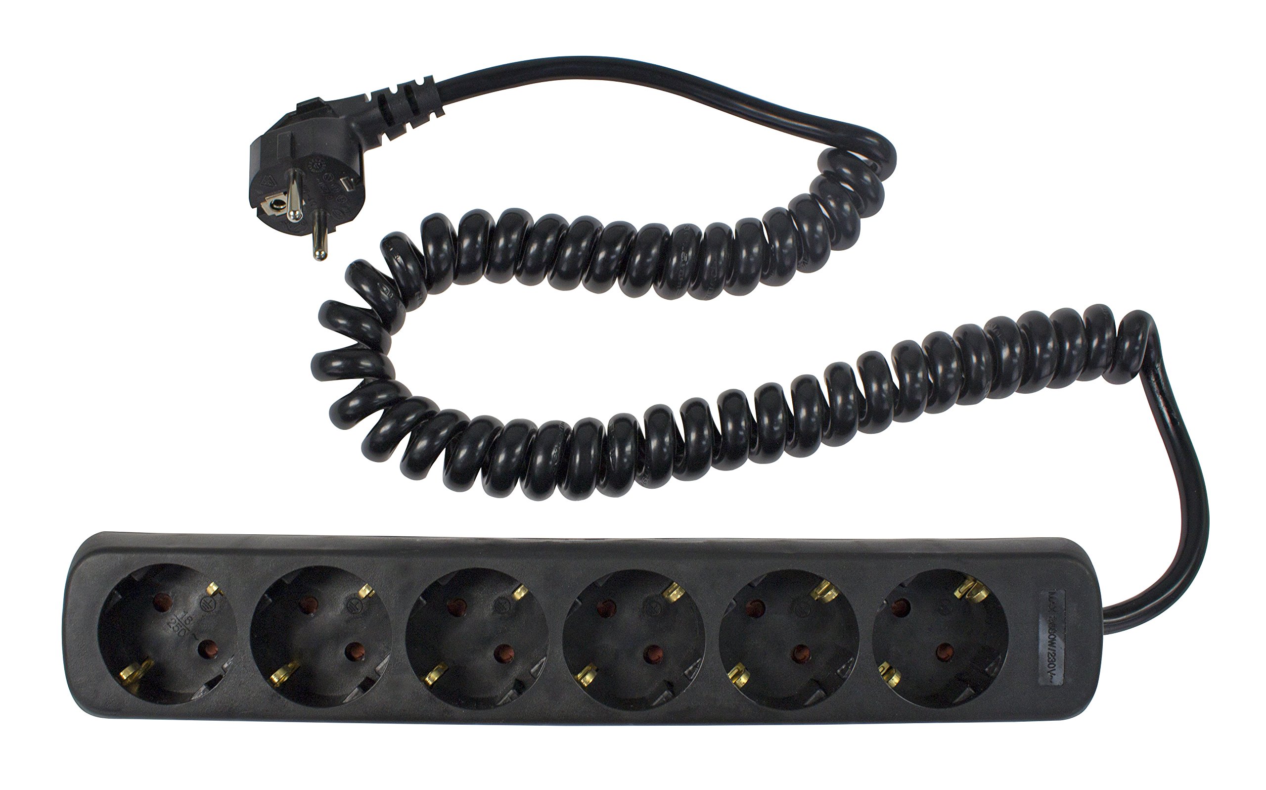 as - Schwabe 11462 6-fach-Steckdosenleiste schwarz mit Spiralkabel schwarz 2,5m Spiralkabel H05VV-F 3G1,5, IP20 Innenbereich
