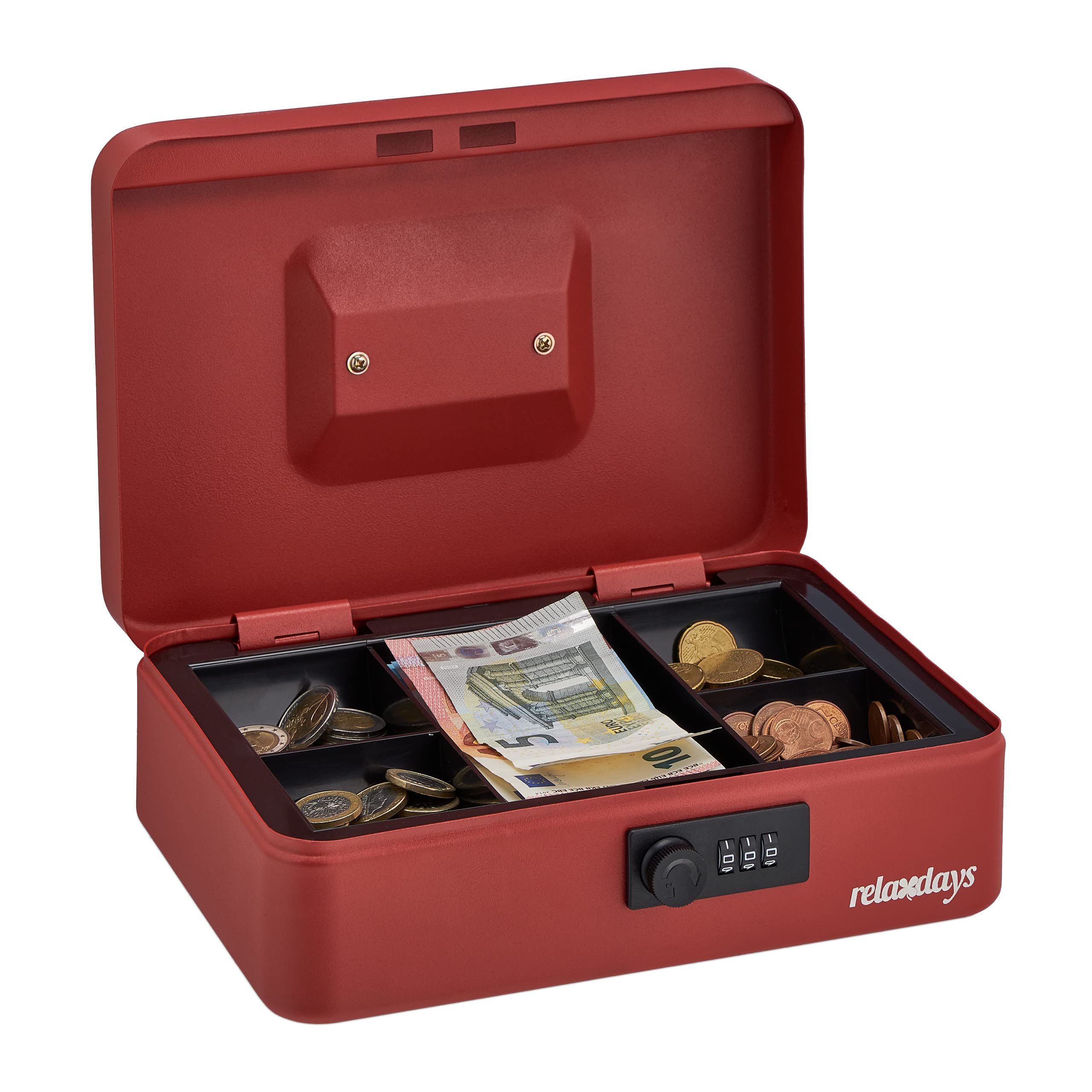 Relaxdays Cash Box, Coin Counter Tray Combination Lock Steel Portable Change & Notes, H x W x D: 8.5 x 25 x 19 cm, Red