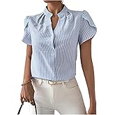 SweatyRocks Women's Striped Blouse Puff Short Sleeve Collar V Neck Office Work Shirts
