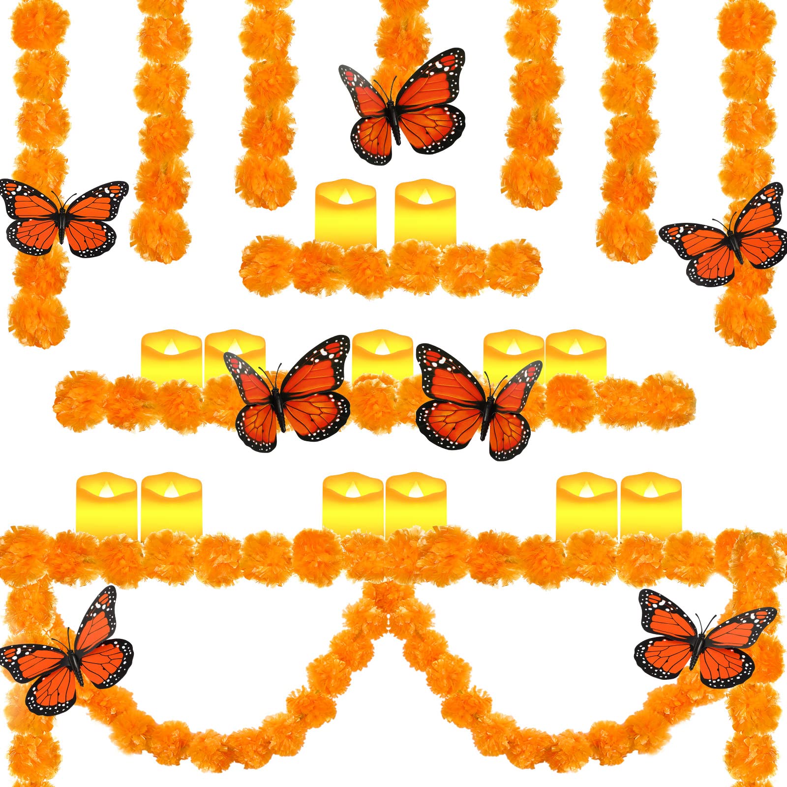 Photo 1 of 20 Pcs Dia De Los Muertos Ofrenda Day of The Dead Decoration Ofrenda Altar Set 2 Artificial Marigold Garlands 6 Monarch Butterfly 12 Flameless Votive Candles for Dia De Los Muertos Diwali(Orange)