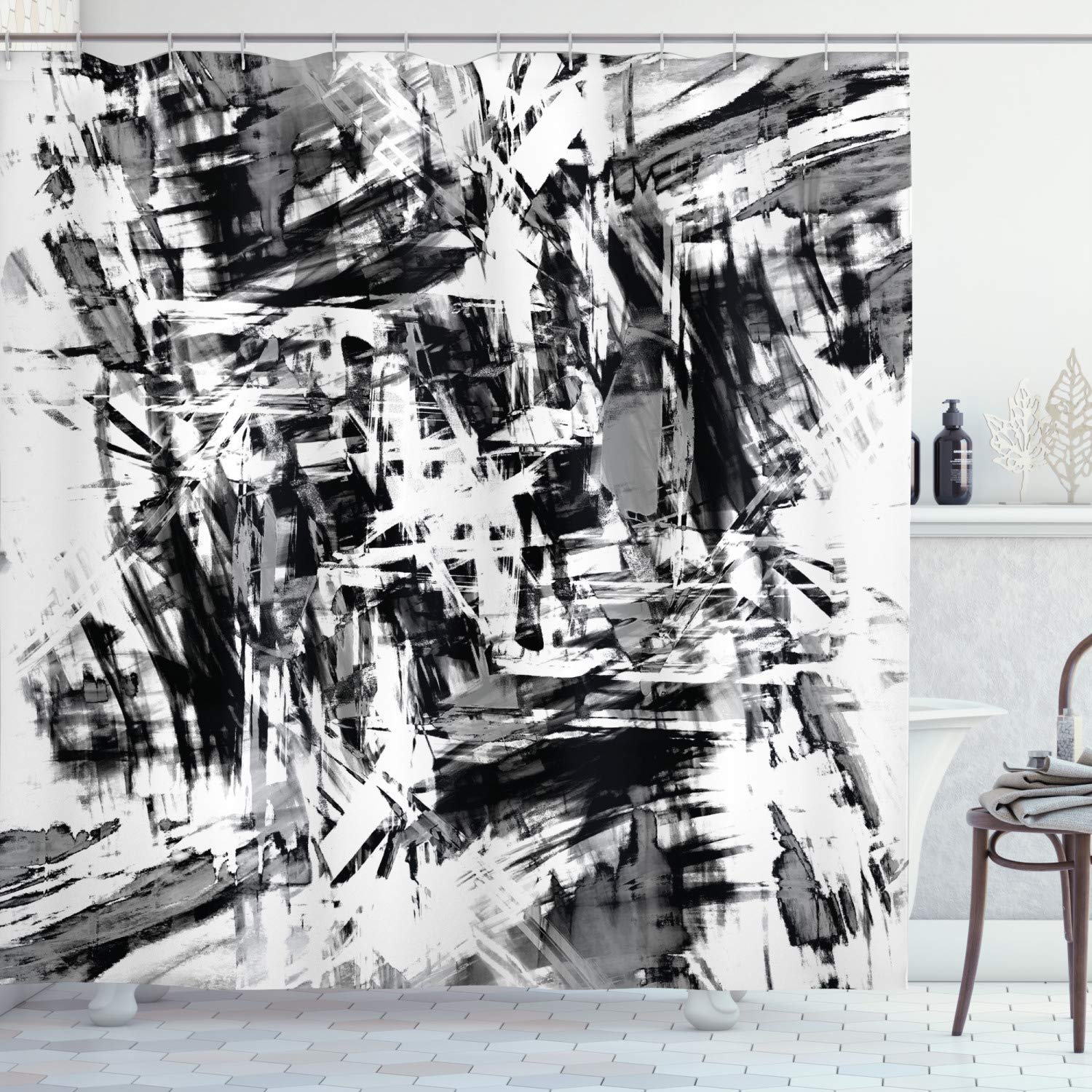 ABAKUHAUS Black and White Shower Curtain, Old Grunge Style Abstract Art with Brushstrokes Chaos Image Print, Cloth Fabric Bathroom Decor Set with Hooks, 86 Inches Extra Long, Black White Grey
