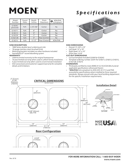 Moen G18242 1800 Series 18 Gauge Double Bowl Undermount Sink Stainless Steel Amazon In Home Improvement