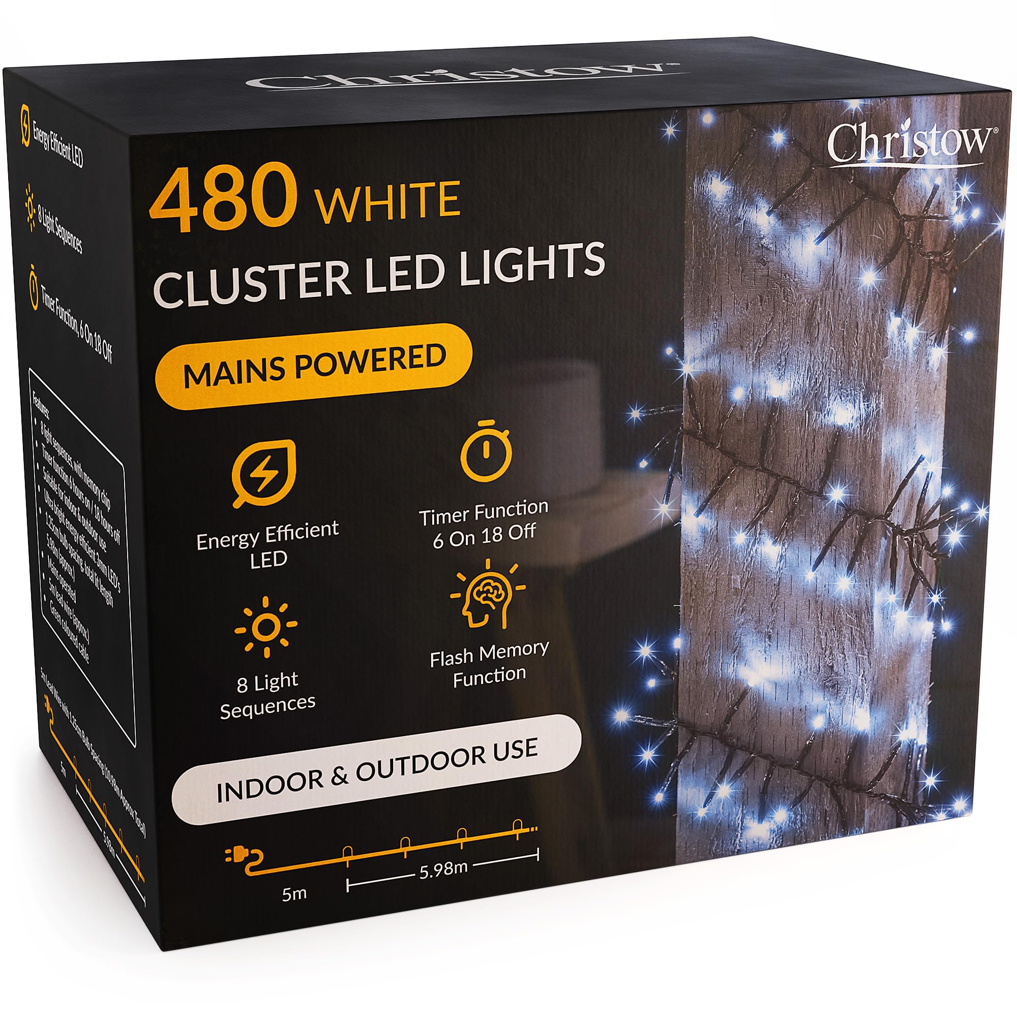 CHRISTOW 480 LED Cluster Christmas Tree Lights, White Fairy Lights with Timer, 8 Light Modes, Energy Efficient 3mm Micro LEDs, Indoor & Outdoor, Mains Powered, Green Cable, 5.98m Lit Length