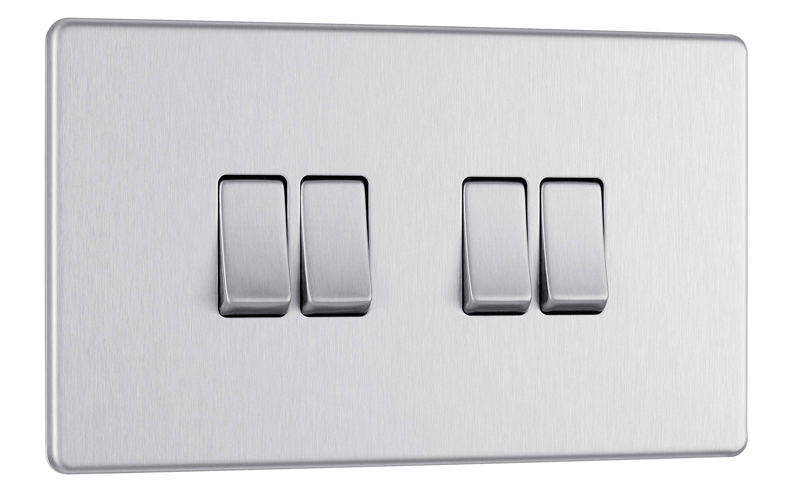 BG Electrical Quadruple Wall Light Switch, 2 Way, Screwless Front Plate, Slim Profile, Premium Flatplate, Brushed Steel, 20A, 16AX, FBS44 — image 1