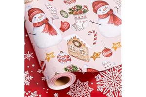 MAYPLUSS Christmas Wrapping Paper Roll - 17 Inch X 33 Feet - Cute Snowman Christmas Hat Gloves Reversible Snowflake Gift Wrapping Paper, Thick Wrap Paper for Holiday Party New Year Kids