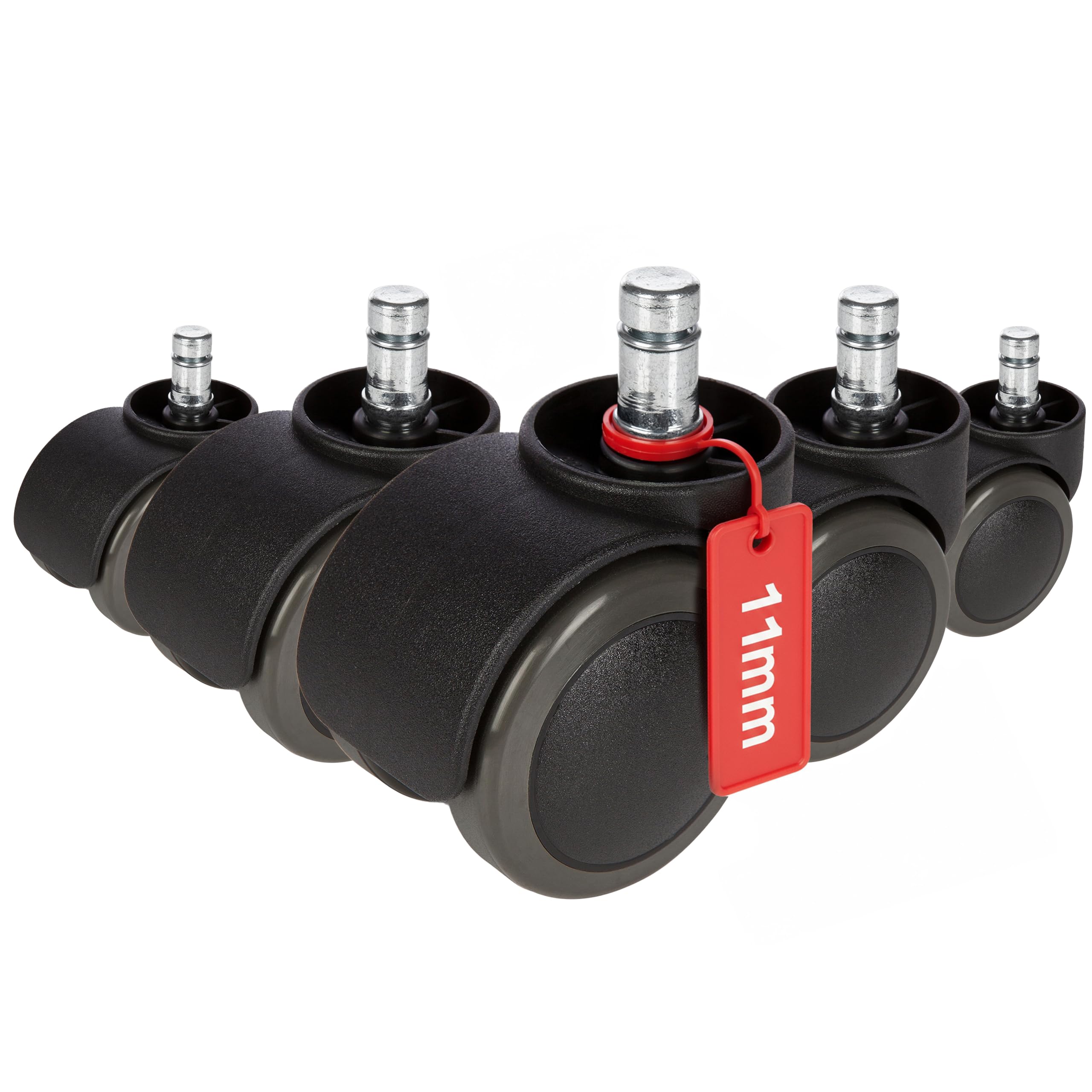 hjh OFFICE, 619026, Castors, Wheels for office, executive chairs, ROLO No-Noise, black, , Set of 5 x special castors for hard floors 11 mm pin, 50 mm diameter wheel e.g. parquet, laminate, tile or stone floor