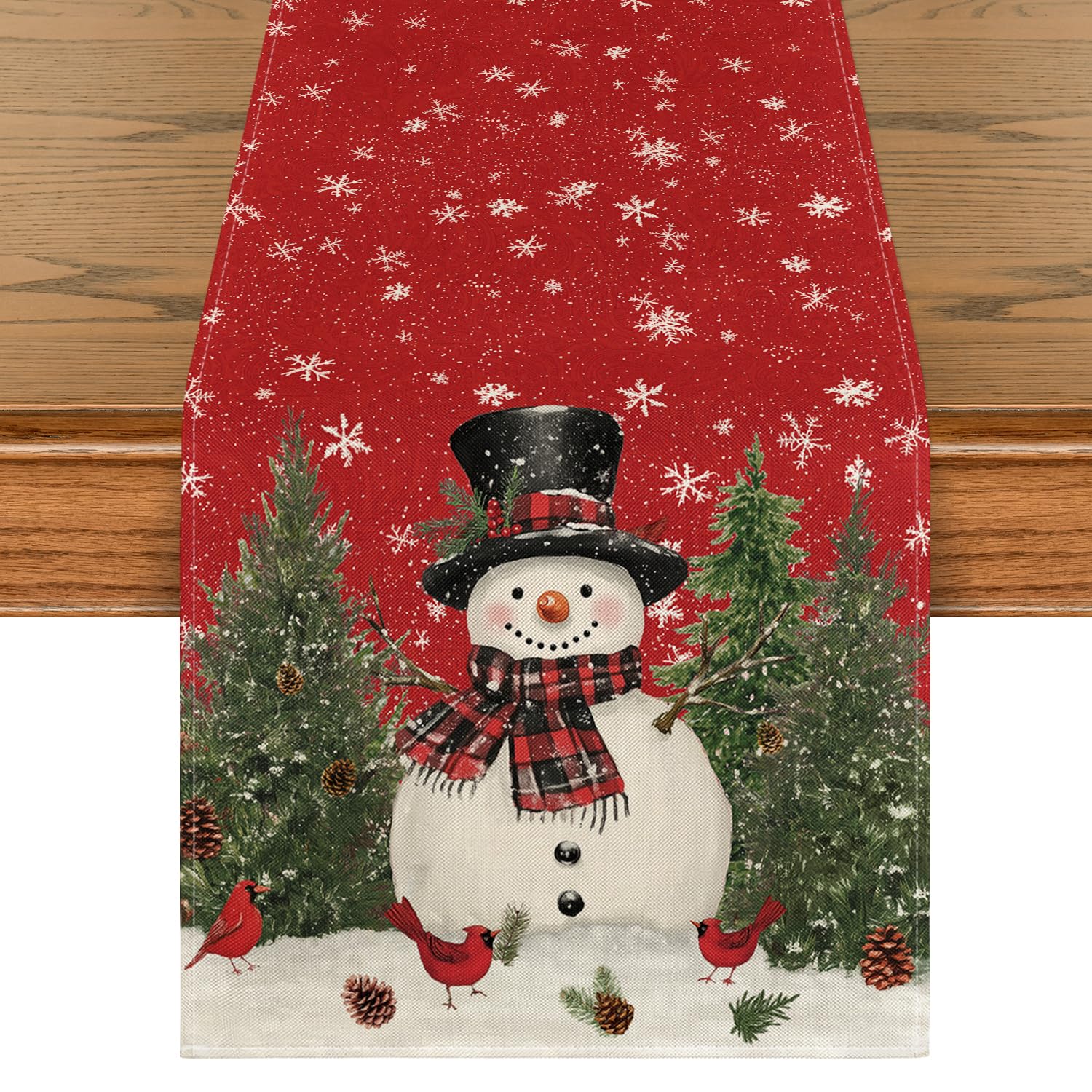 Artoid Mode Snowman Birds Scarf Trees Christmas Table Runner, Seasonal Winter Xmas Kitchen Dining Table Decoration for Home Party Decor 40x240 cm