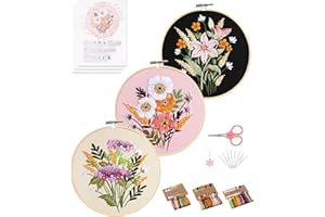 Santune 3 Sets Embroidery Kit,Cross Stitch Kits for Beginners,Needlepoint Kits for Adults Starter Easy Stamped Floral Pattern Fabric Hand Crafts,Hoops,Needle,Women DIY Hanging Plants,Sewing Hobby